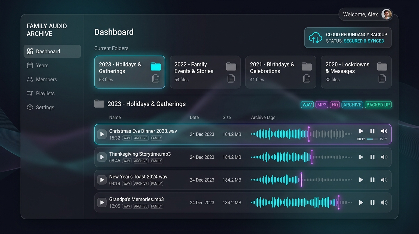 Family audio archive dashboard showing folder structure by year and backup sync