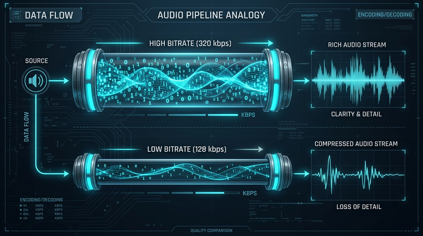 Data flow rate pipeline comparing high bitrate and low bitrate sound waves