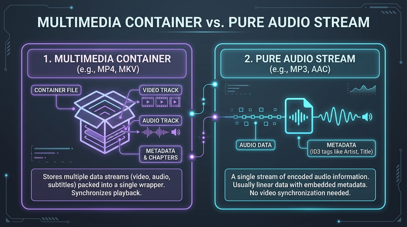 Multimedia container structure compared to a pure audio stream