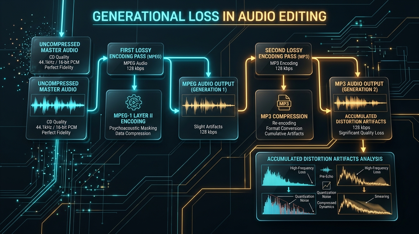 Generational loss flowchart across multiple audio encoding stages