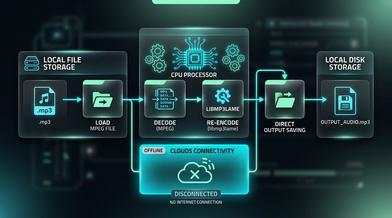 Local offline audio transcoding process diagram without cloud upload