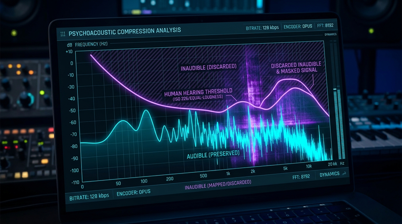 Psychoacoustic frequency spectrum analysis of lossy audio compression