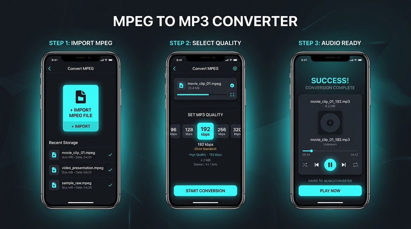 Smartphone user workflow showing video import quality selection and audio export