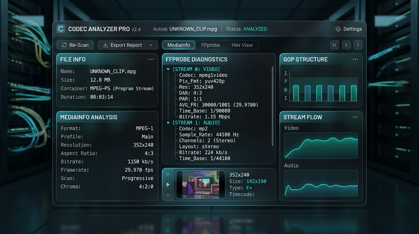 MediaInfo and FFprobe video codec diagnostics dashboard